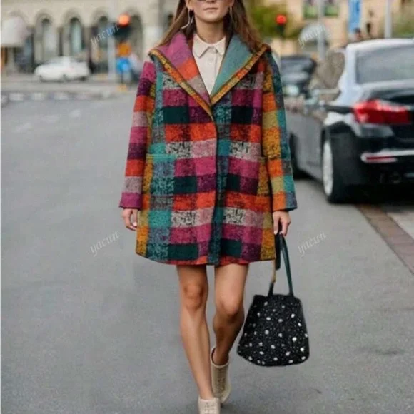 Luxe Plus Plaid Checkered Long Sleeve Pocket Knit Hoodie Sweater Coat Brushed - Picture 5 of 9